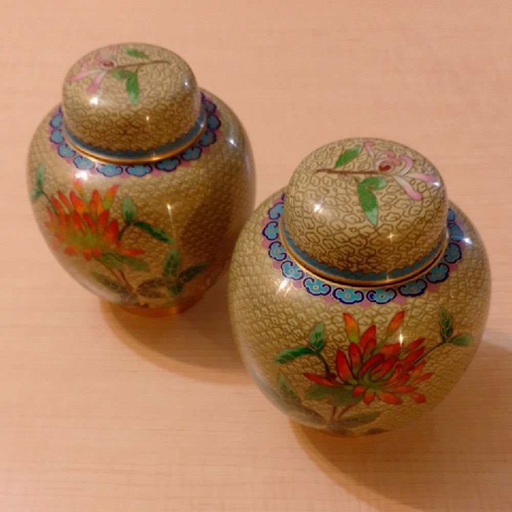 🆕 Set of 2 Vintage Cloisonne Floral Urn Jar Canister Vase